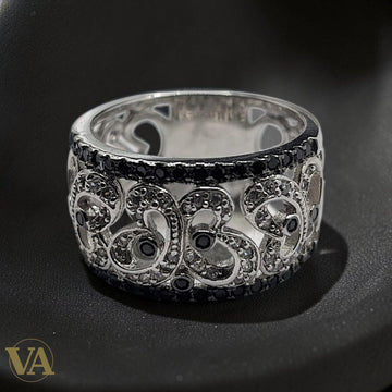 Bague femme argent 925 Chevalière large volutes Art Déco Zircons Onyx noir