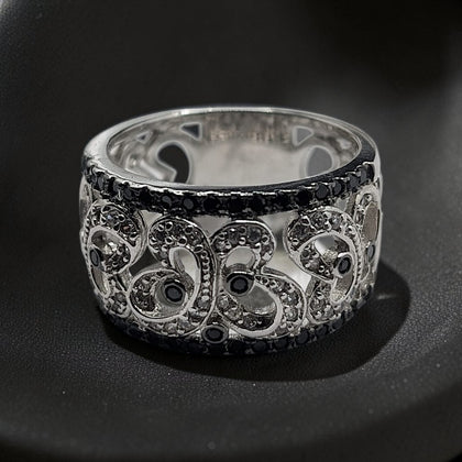 Bague femme argent 925 Chevalière large volutes Art Déco Zircons Onyx noir