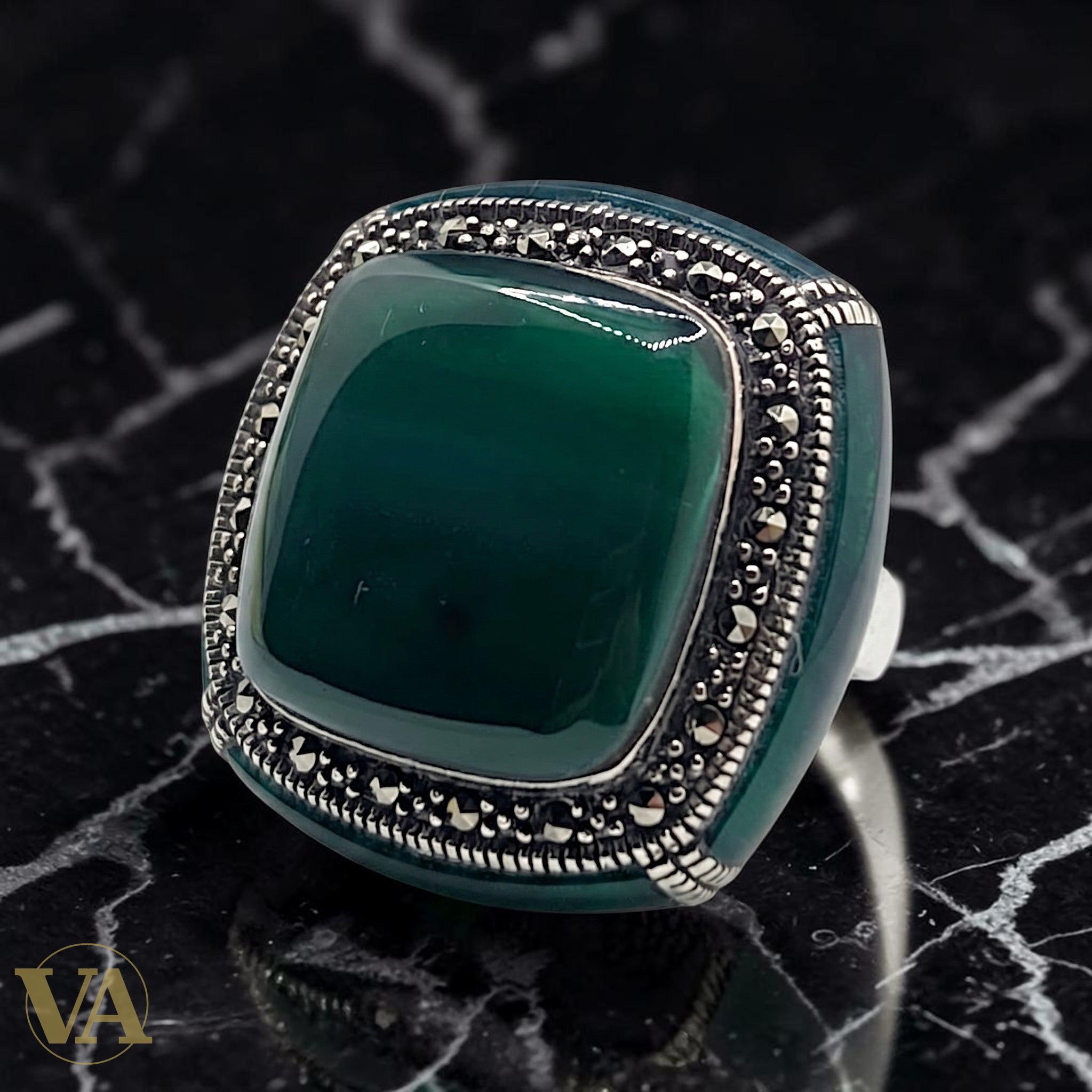 Bague Femme Argent 925 Aventurine Verte Marcassite Art Déco Cocktail