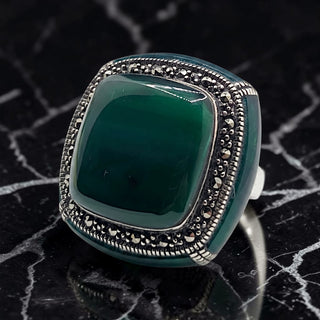 Bague Femme Argent 925 Aventurine Verte Marcassite Art Déco Cocktail