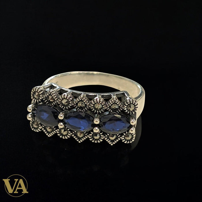 Bague femme Argent 925 Bleu Saphir & Marcassites – Vintage Chic
