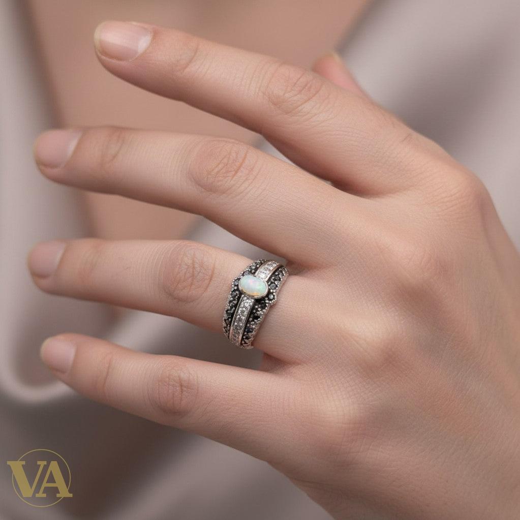 Bague femme Argent 925 Massif Pierre de Lune et Marcassite Design Art Déco