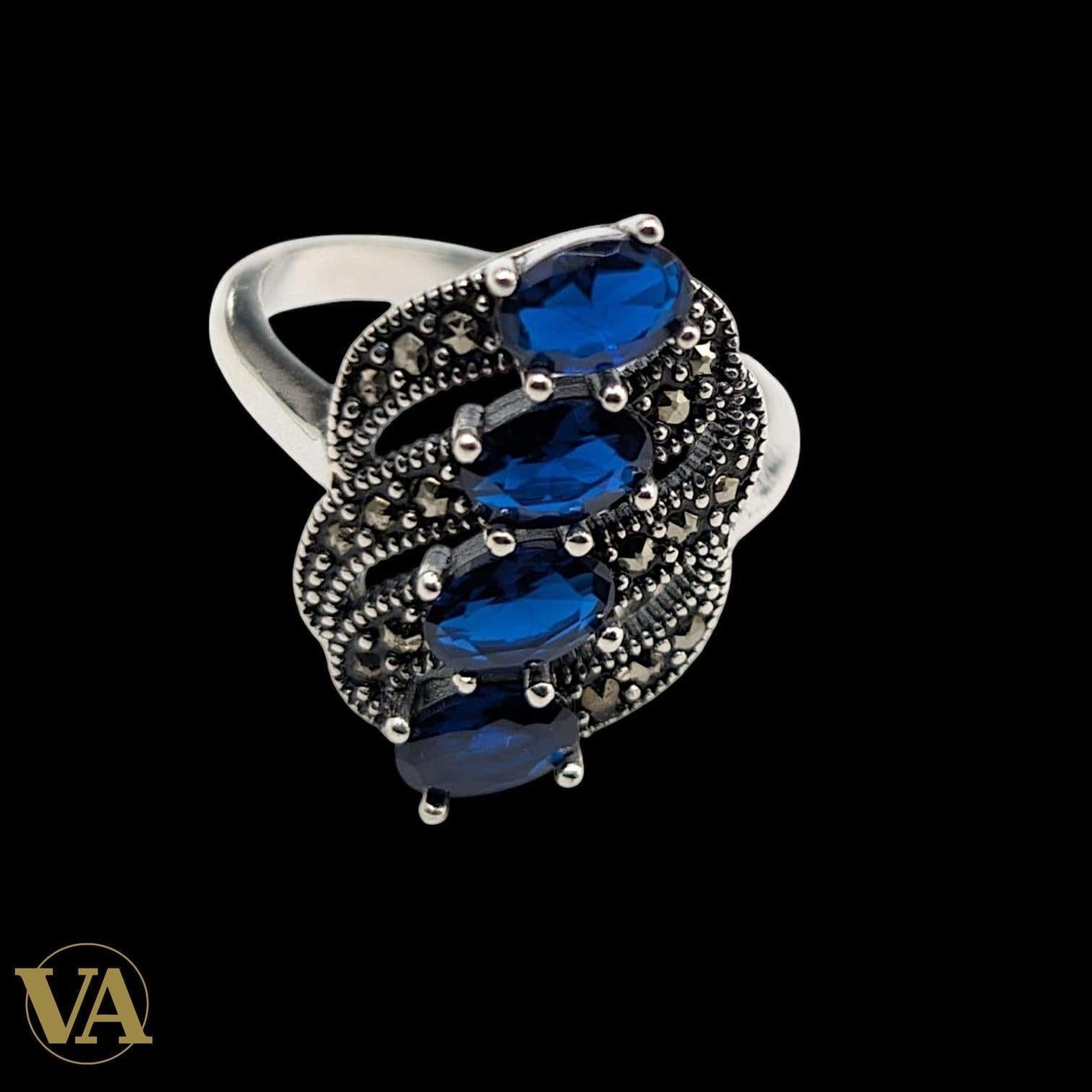 Bague Femme Argent 925 Saphir Bleu & Marcassite – Design Vintage Ajouré - Argent 925 - Vindicta