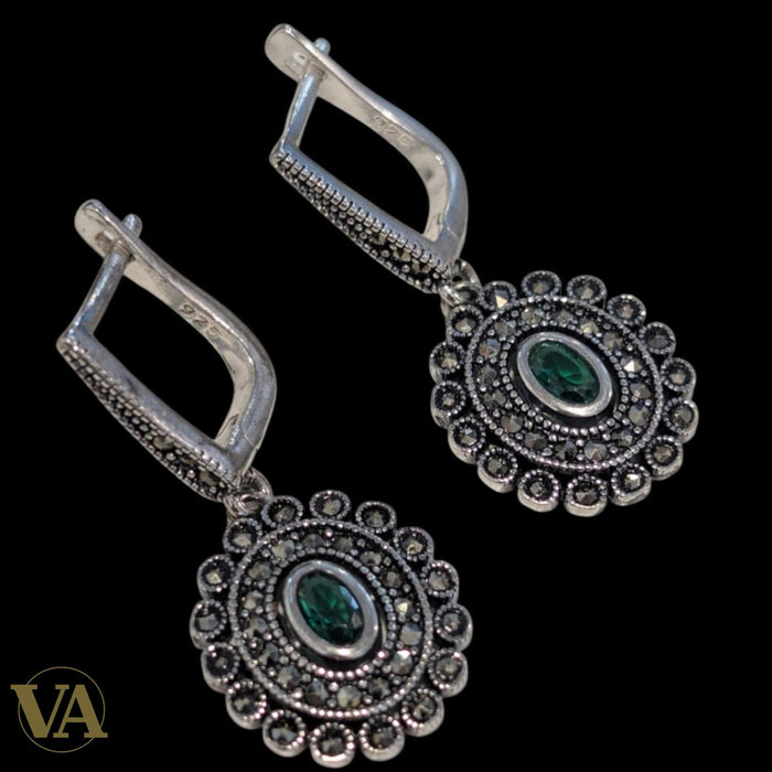 Boucles d’oreilles femme argent 925 marcassite et oxyde vert – Style vintage floral