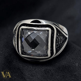 Chevalière Homme Argent 925 Zircon Carré Fumé Pavé Zircons Noirs
