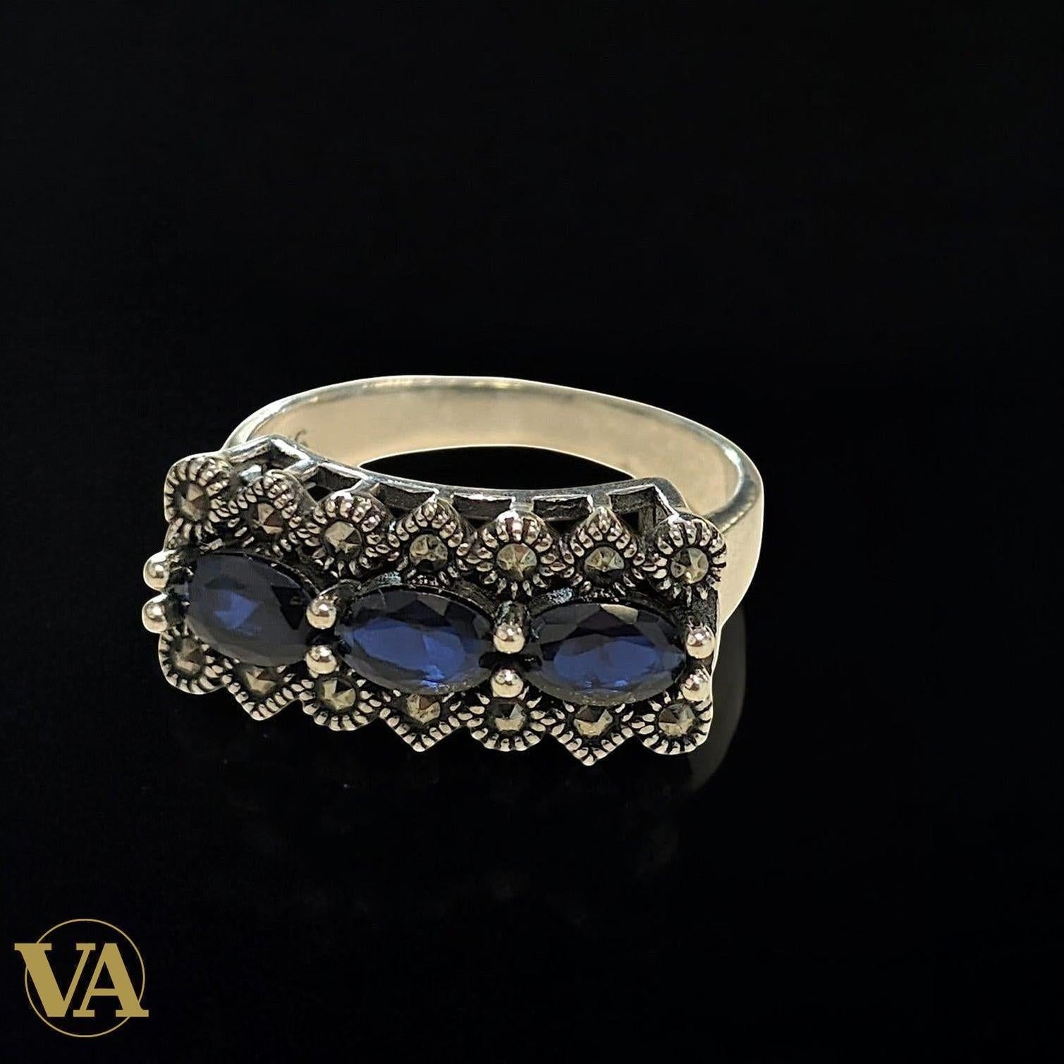 Bague femme Argent 925 Bleu Saphir & Marcassites – Vintage Chic | Bijoux Vindicta