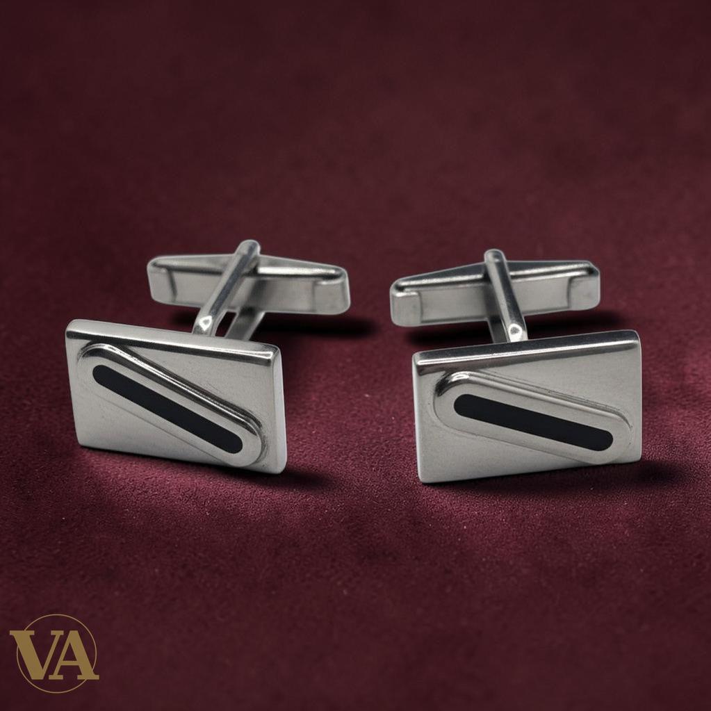 Boutons de manchette homme argent 925 et onyx noir trait oblique - Argent 925 - Vindicta