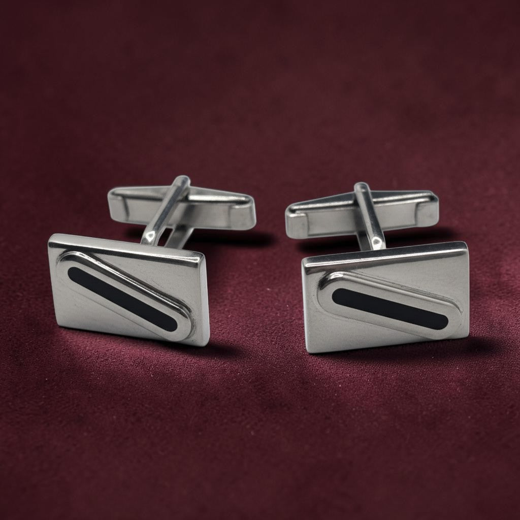Boutons de manchette homme argent 925 et onyx noir trait oblique - Argent 925 - Vindicta