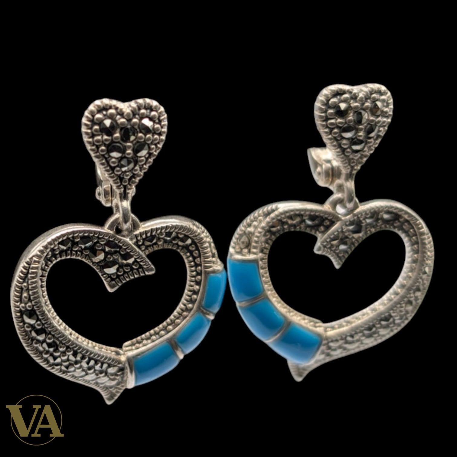 Boucles d'Oreilles Argent 925 Cœur Turquoise et Marcassite