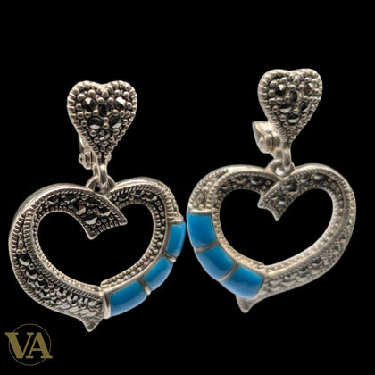 Boucles d'Oreilles Femme Argent 925 Cœur Turquoise et Marcassite