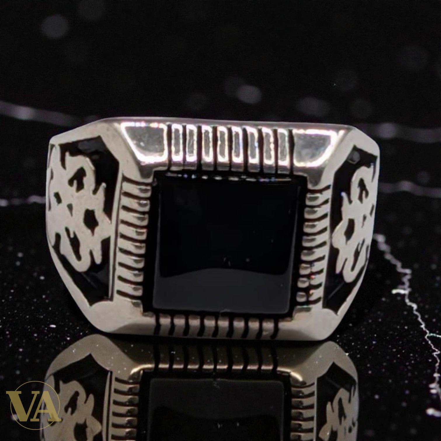 Bague Homme Argent 925 Onyx Noir Carré – Motif Floral Ottoman | Bijoux Vindicta