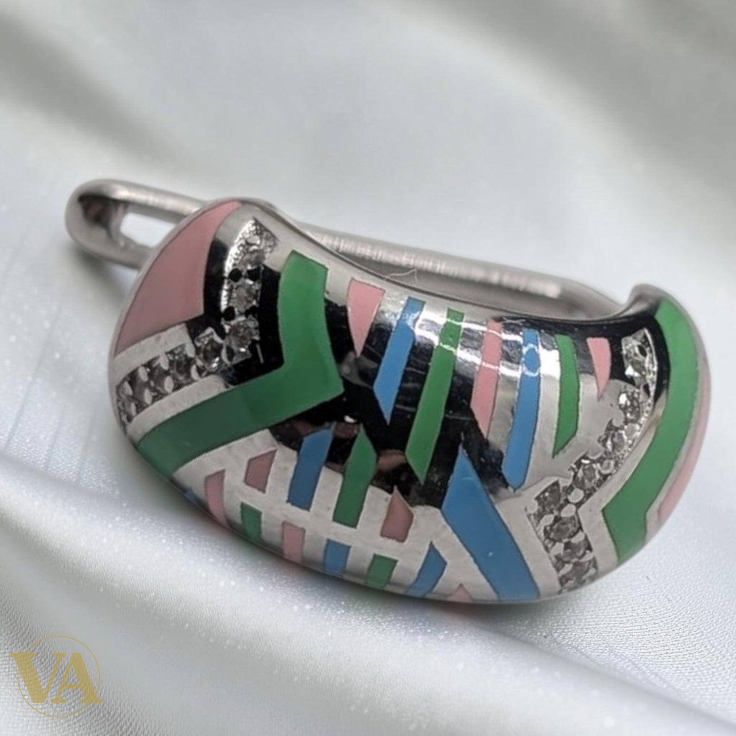 Boucles d'oreilles Femme Argent 925 – Émail Chevron Pastel Rose Vert Bleu & Zirconiums-Vindicta : Bijoux Argent 925 Massif, Luxe et Héritage