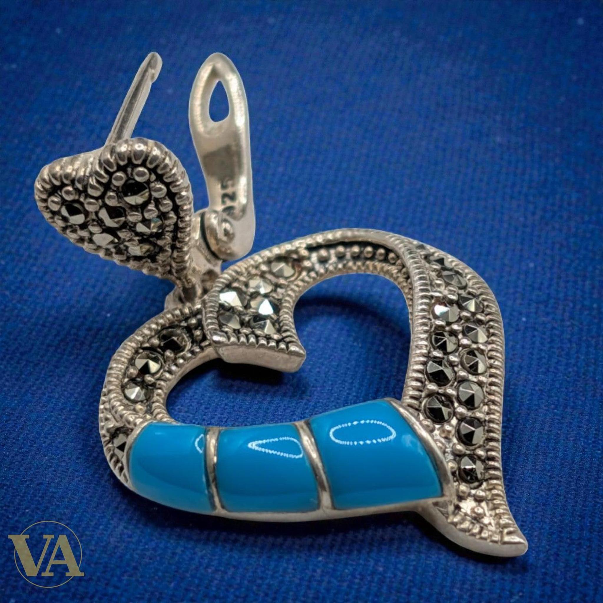 Boucles d'Oreilles Femme Argent 925 Cœur Turquoise et Marcassite - Argent 925 - Vindicta