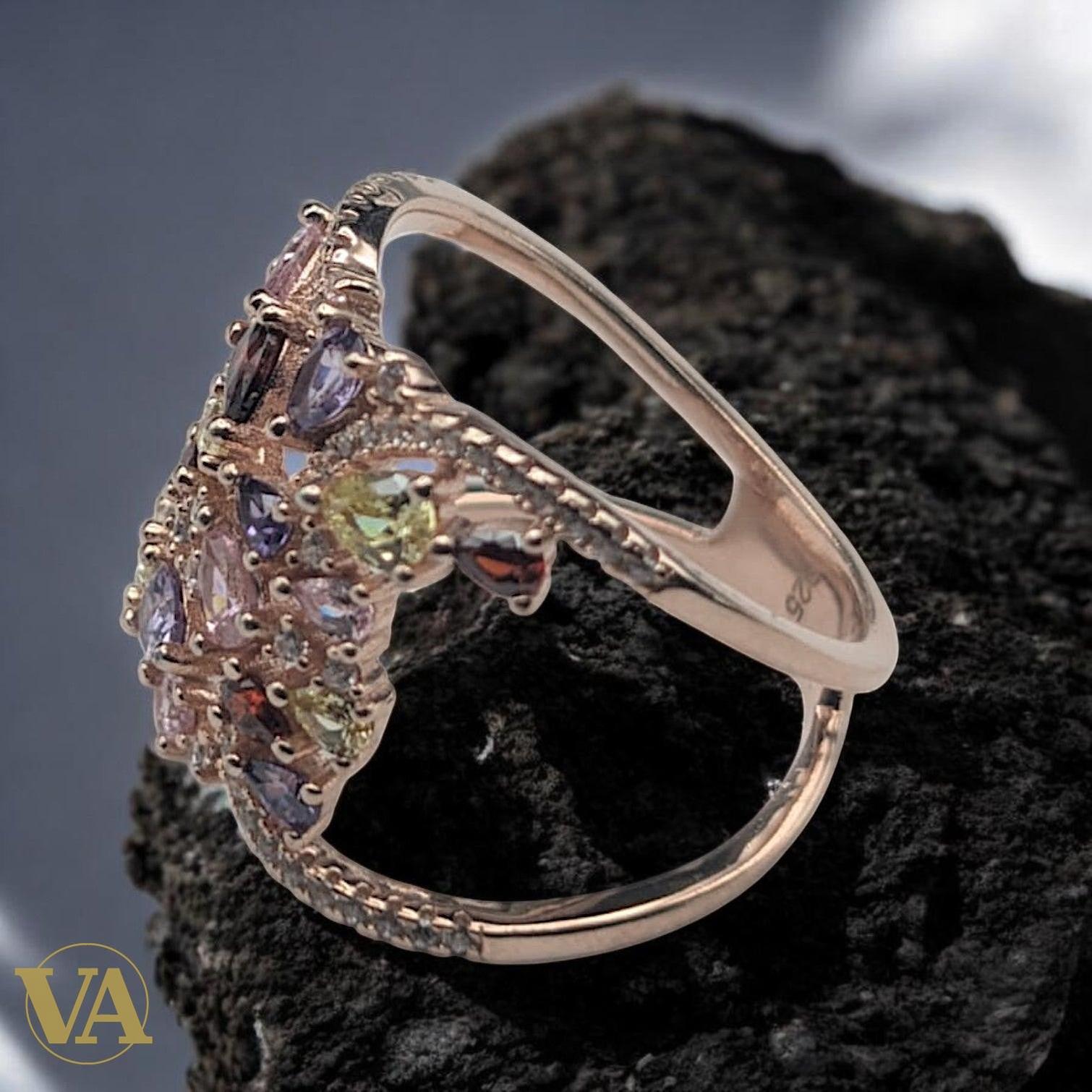 Bague  femmes Argent 925 & Plaqué Or Rose – Améthystes & Oxydes Multicolores