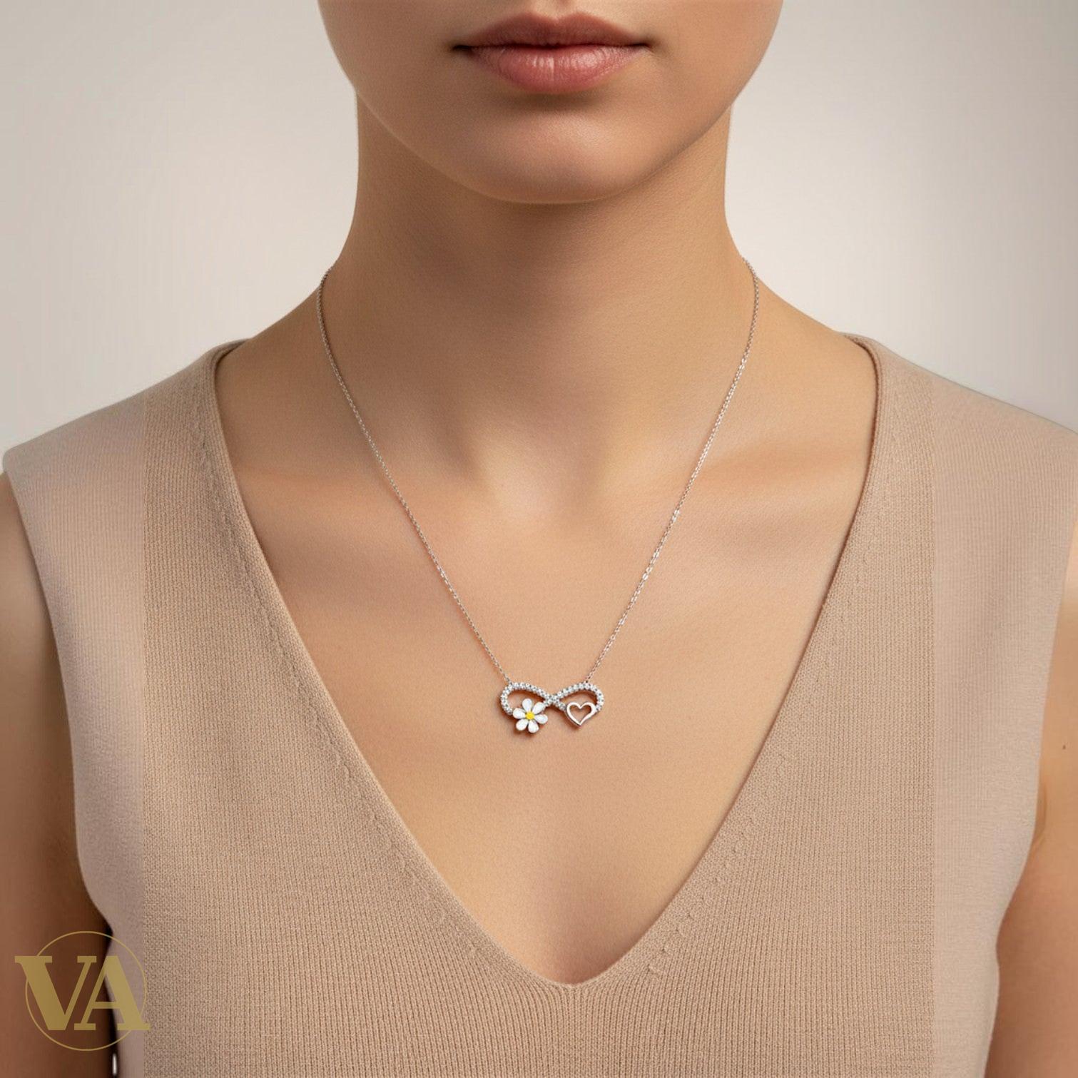 Collier Femme Argent 925 Infini Marguerite Émail – Pendentif Cœur Zircons-Vindicta : Bijoux Argent 925 Massif, Luxe et Héritage