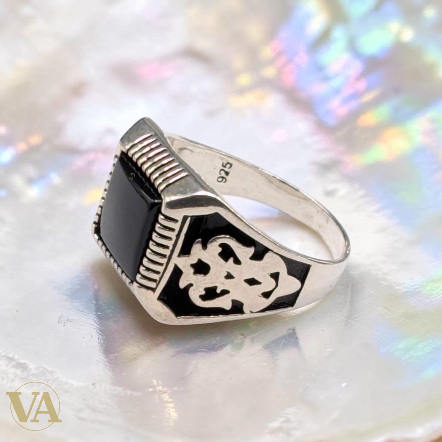 Bague Homme Argent 925 Onyx Noir Carré – Motif Floral Ottoman | Bijoux Vindicta