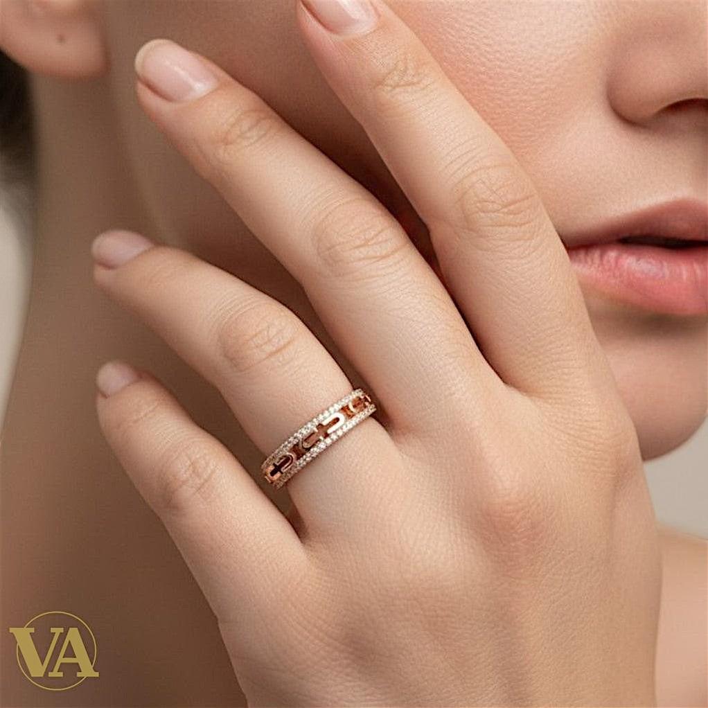 Bague Femme Argent 925 Plaqué Or Rose Motifs Grecs - Design Antique