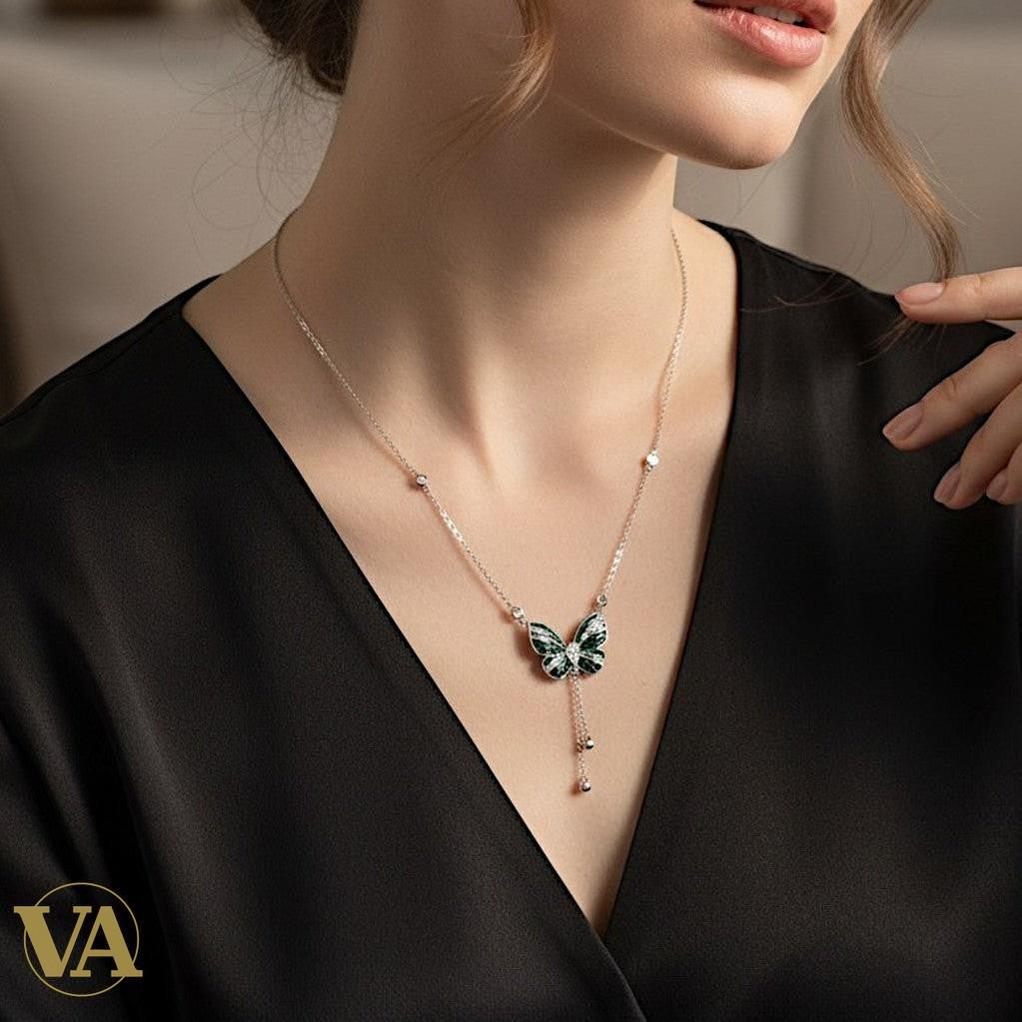Collier Femme Papillon Argent 925 — Zircons Vert Émeraude et Blancs | Bijoux Vindicta