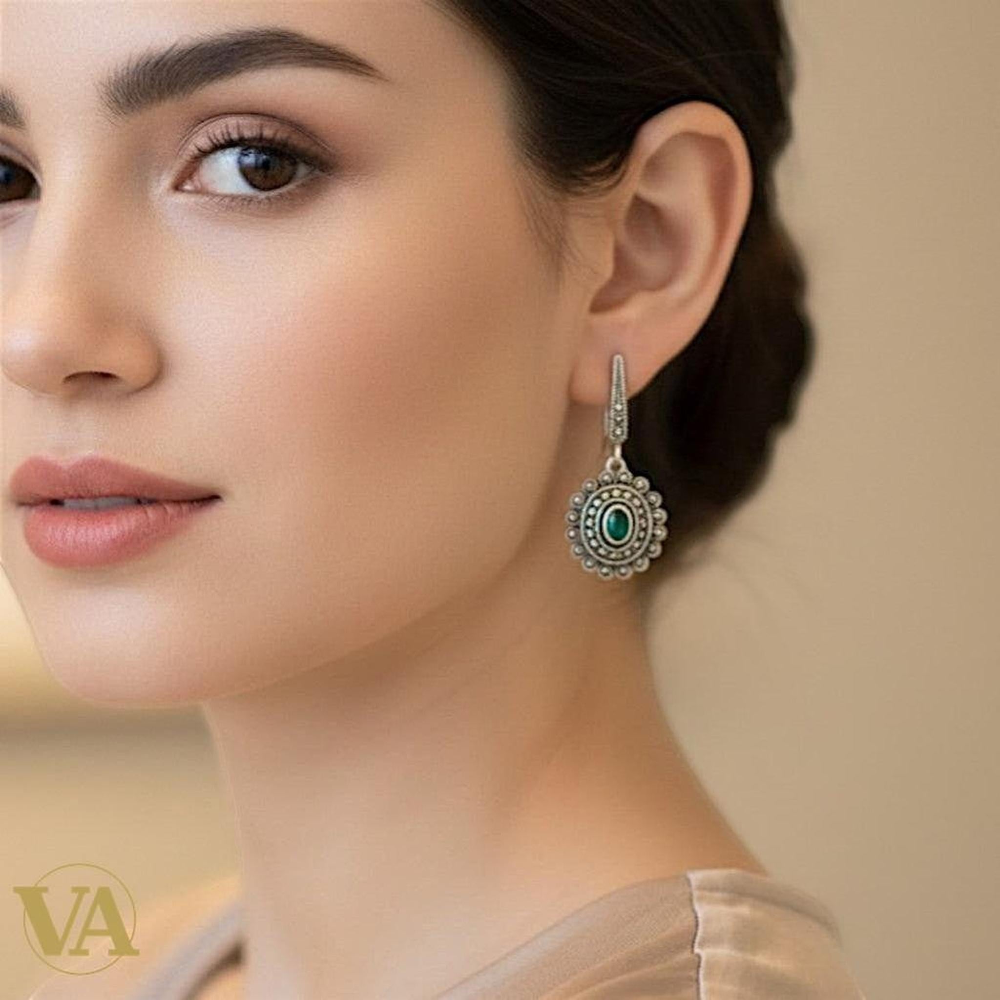 Boucles d’oreilles femme argent 925 marcassite et oxyde vert – Style vintage floral | Bijoux Vindicta