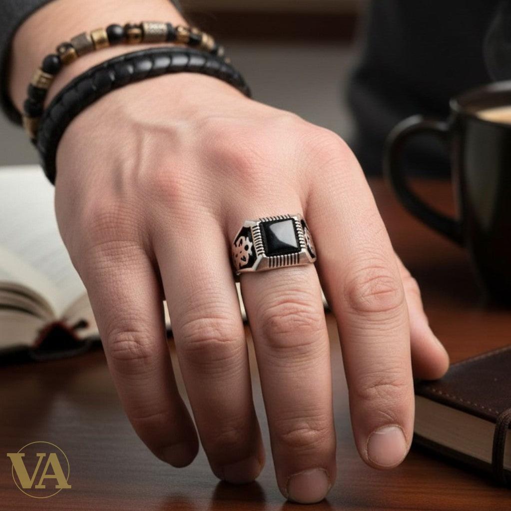Bague Homme Argent 925 Onyx Noir Carré – Motif Floral Ottoman