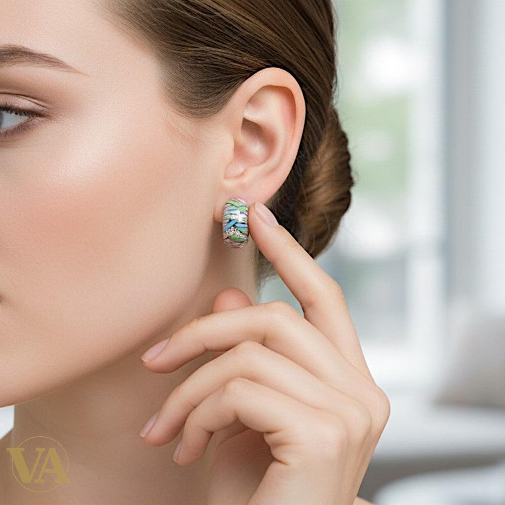 Boucles d'oreilles Femme Argent 925 – Émail Chevron Pastel Rose Vert Bleu & Zirconiums-Vindicta : Bijoux Argent 925 Massif, Luxe et Héritage