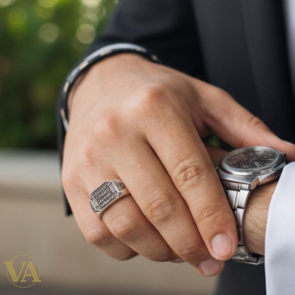 Bague homme argent 925 marcassite géométrique