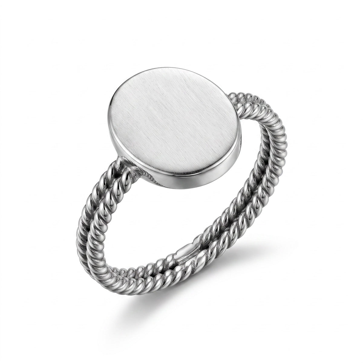 Bague Femme Argent 925 Plateau Rond Brossé Double Tige Torsadée