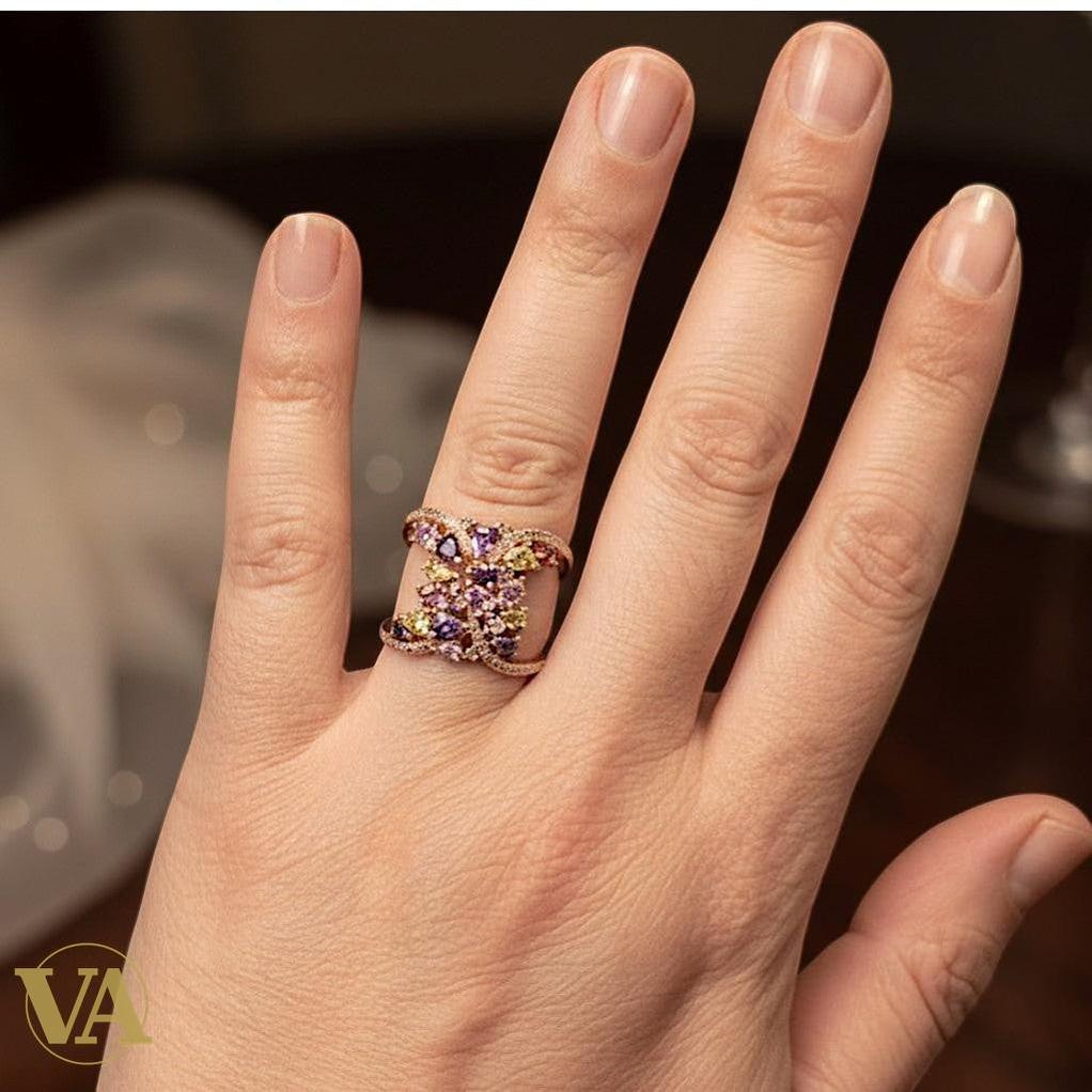 Bague  femmes Argent 925 & Plaqué Or Rose – Améthystes & Oxydes Multicolores