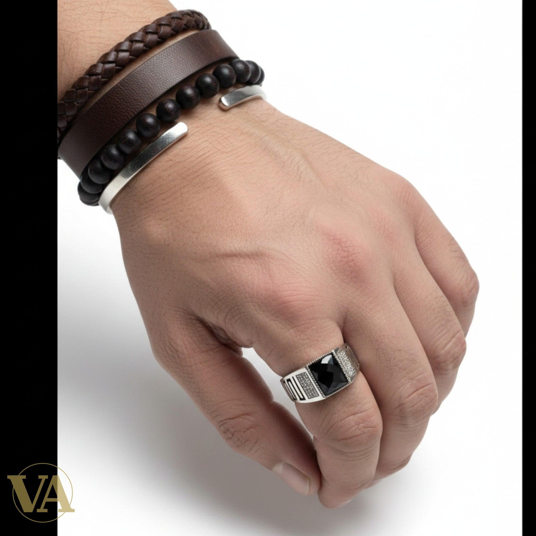 Chevalière Homme Argent 925 Onyx Noir Facetté Zircons Blancs Motif Grec Émaillé-Vindicta : Bijoux Argent 925 Massif, Luxe et Héritage