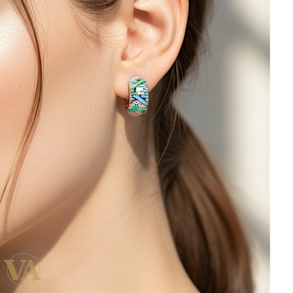 Boucles d'oreilles Femme Argent 925 – Émail Chevron Pastel Rose Vert Bleu & Zirconiums