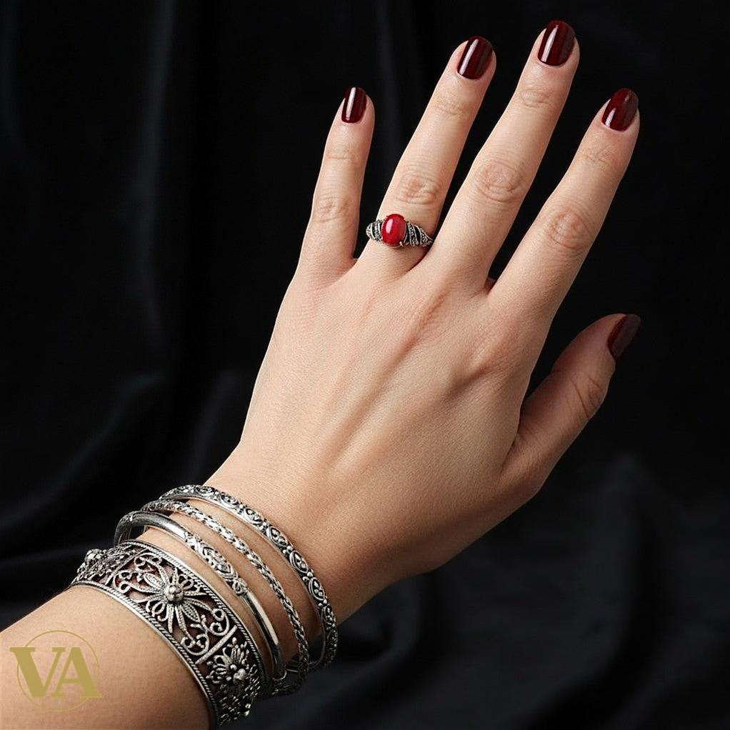 Bague Femme Argent 925 Cornaline & Marcassite – Style Vintage