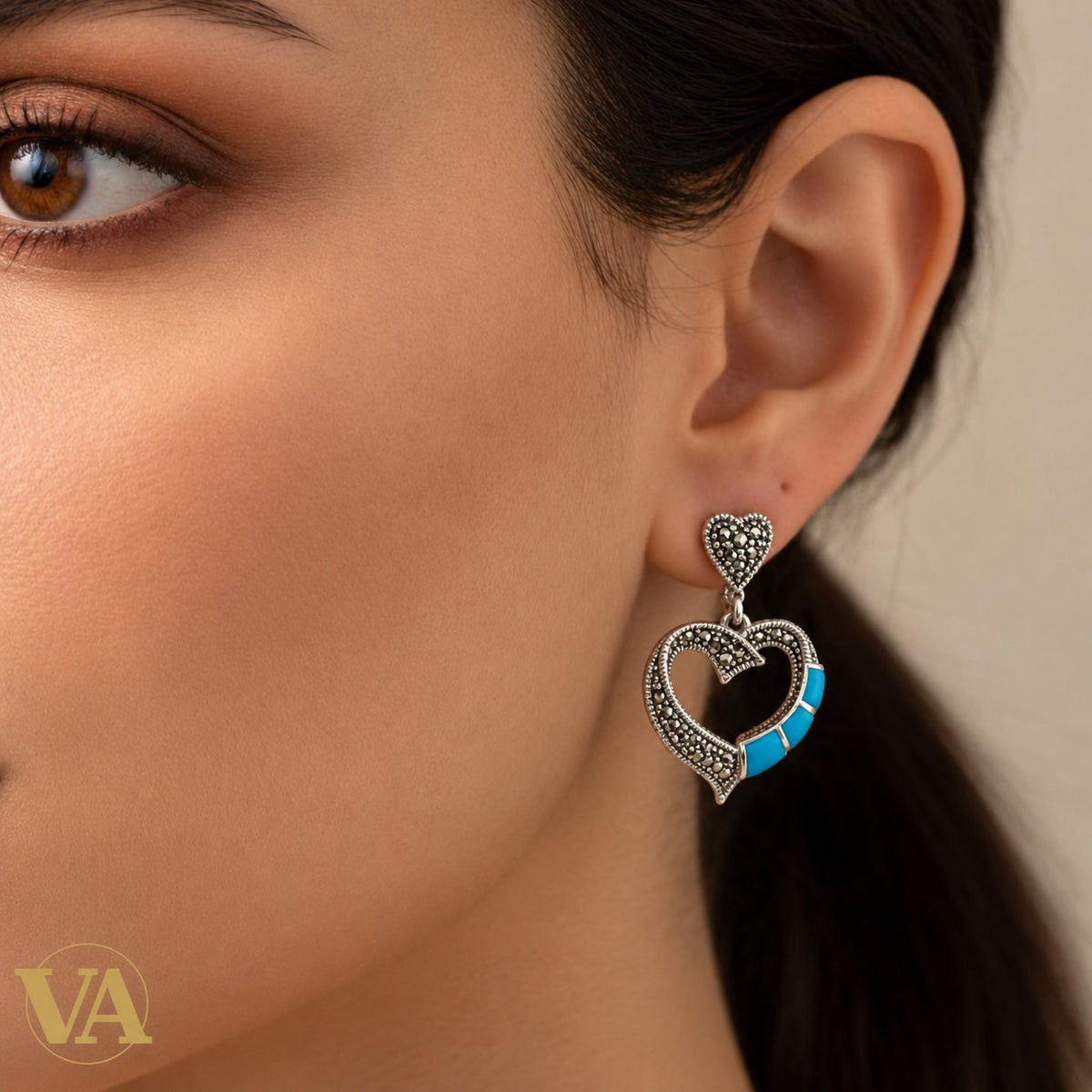 Boucles d'Oreilles Femme Argent 925 Cœur Turquoise et Marcassite