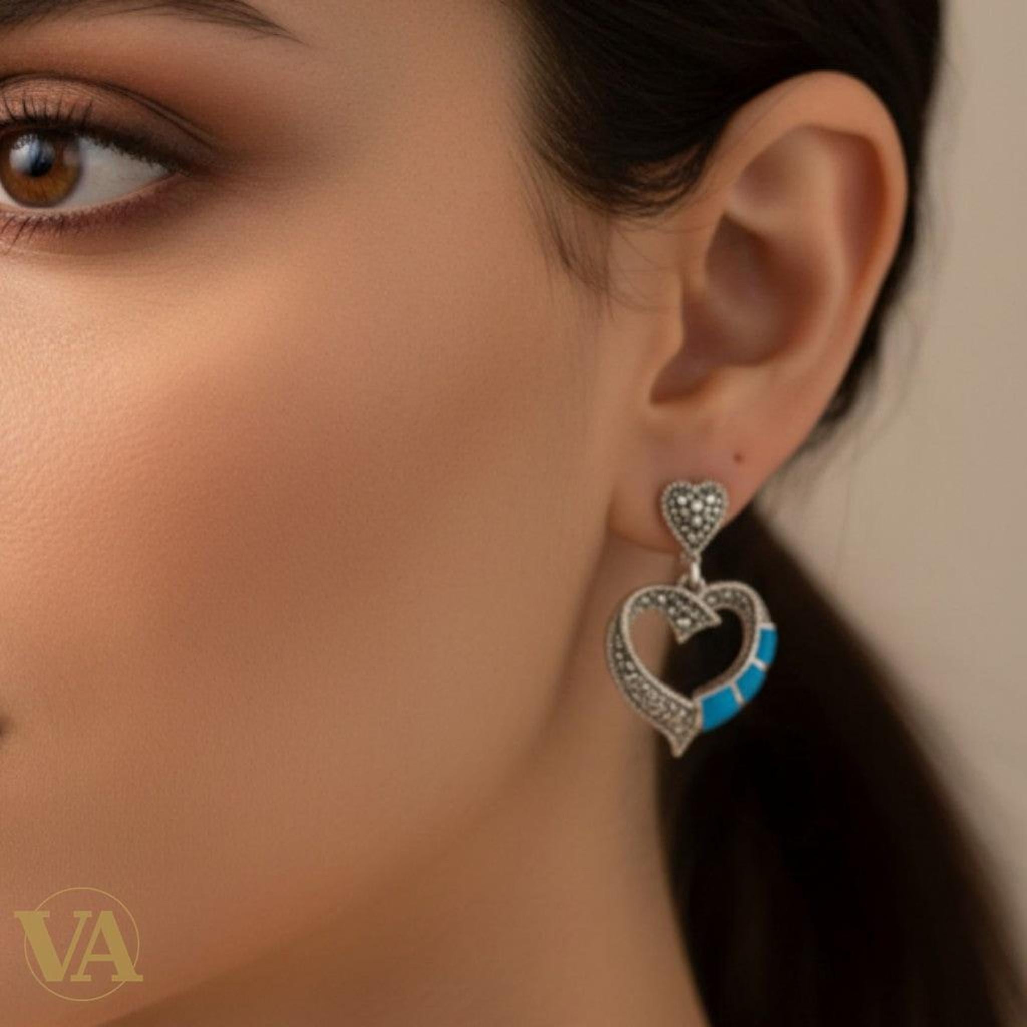 Boucles d'Oreilles Femme Argent 925 Cœur Turquoise et Marcassite - Argent 925 - Vindicta