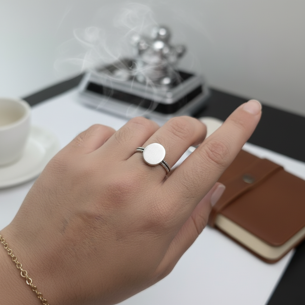 Bague Femme Argent 925 Plateau Rond Brossé Double Tige Torsadée