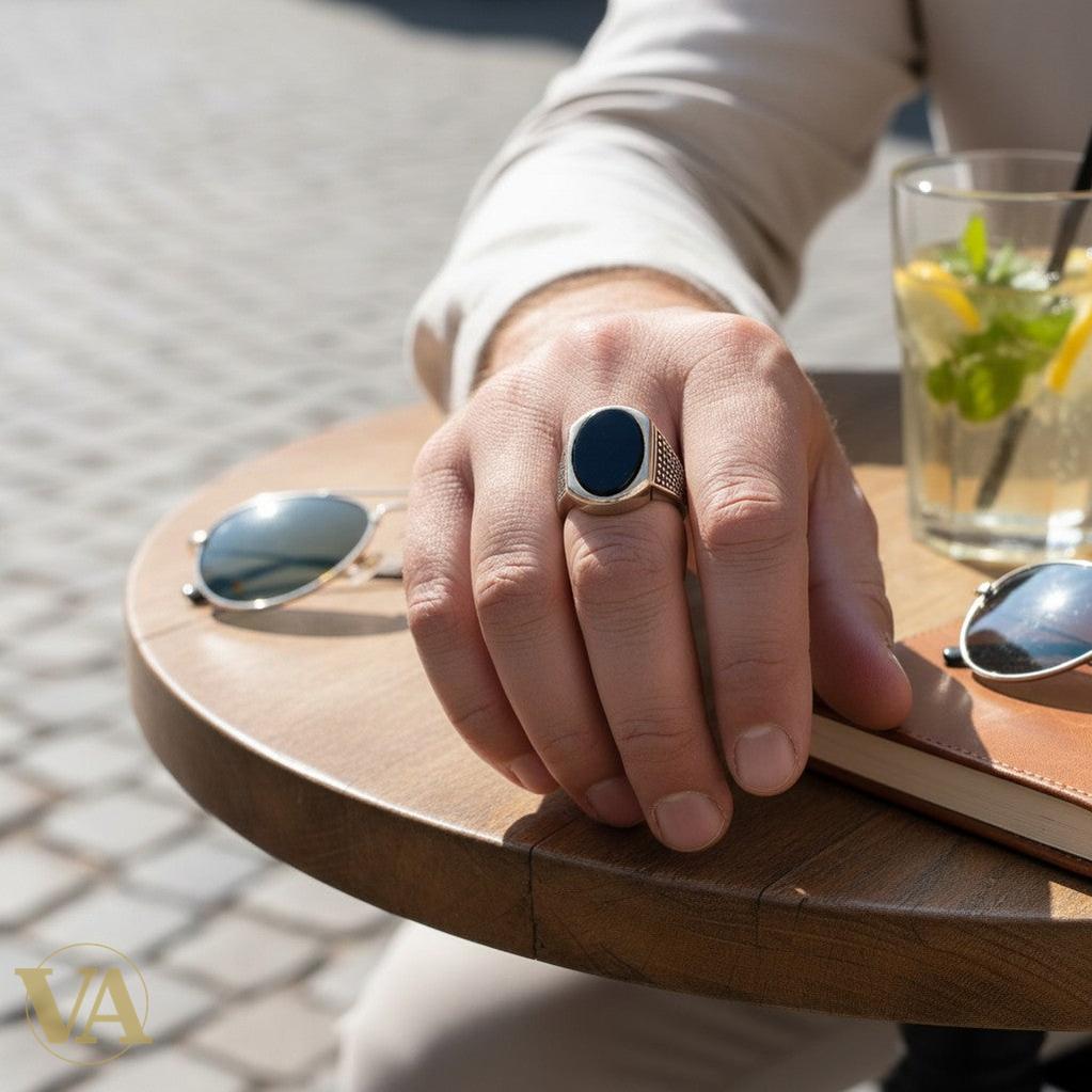 Chevalière Homme Argent 925 Onyx Noir Plaqué Or Rose | Bijoux Vindicta