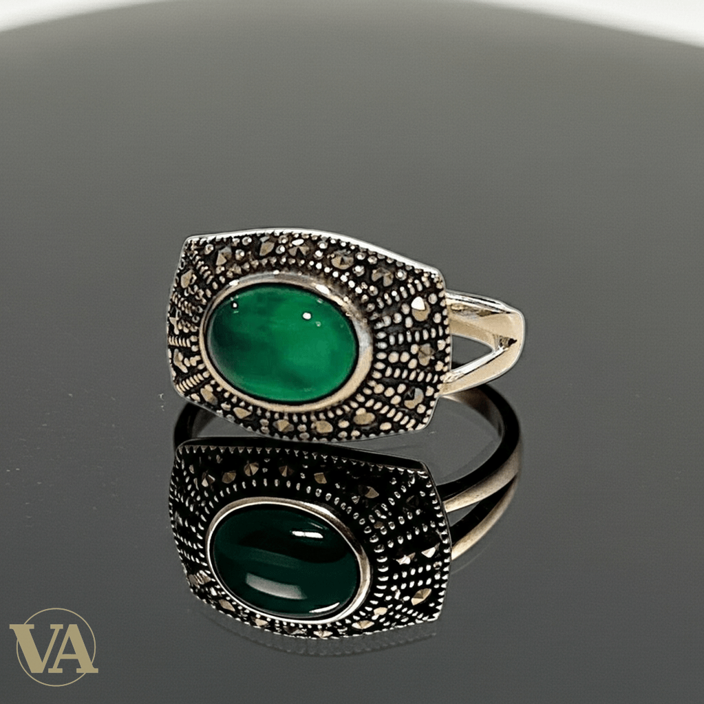 Bague femme argent 925 et marcassites – Agate verte cabochon - Argent 925 - Vindicta