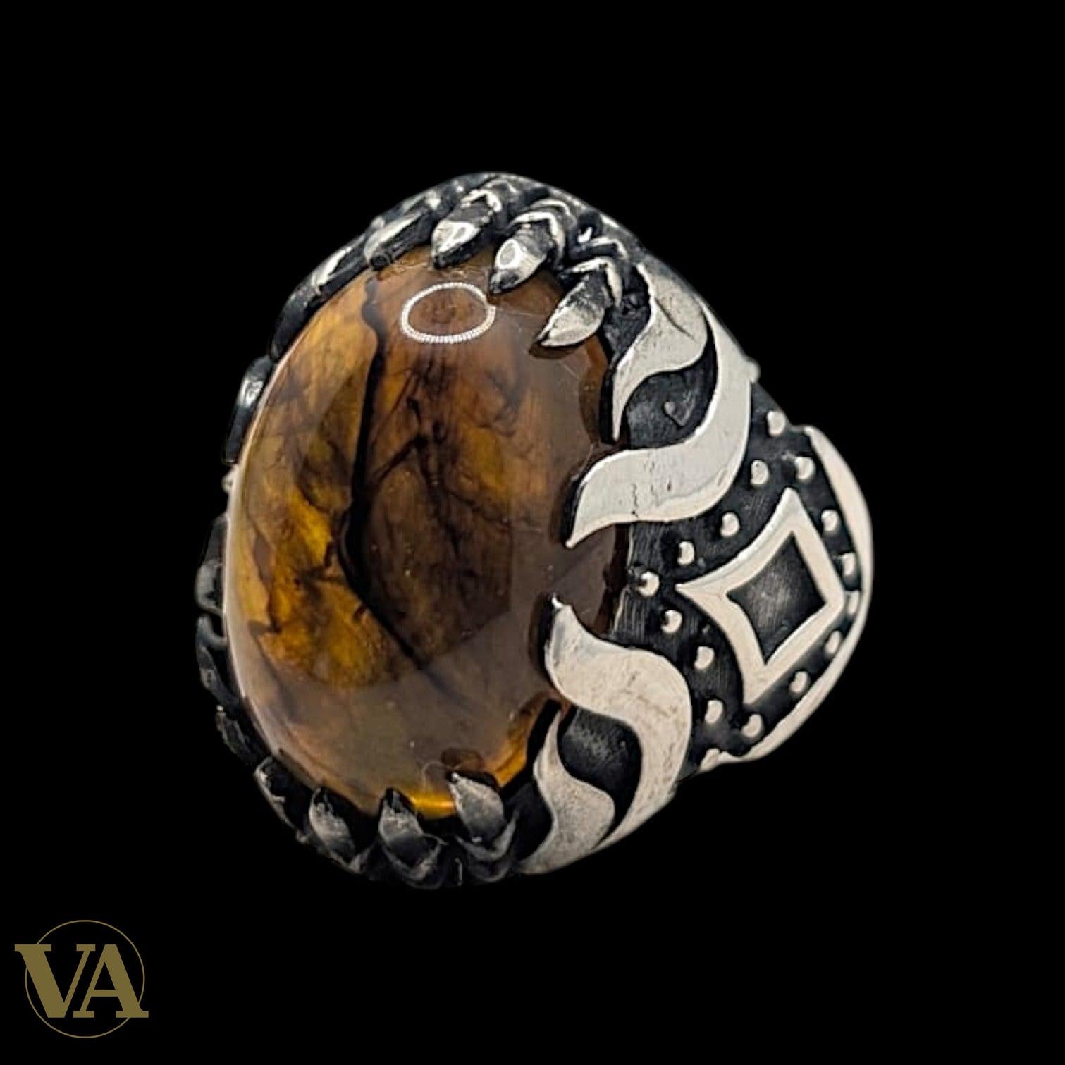Chevalière Homme Argent 925 Ambre Jaune Naturel Sertissage Griffes Sculpté-Vindicta : Bijoux Argent 925 Massif, Luxe et Héritage