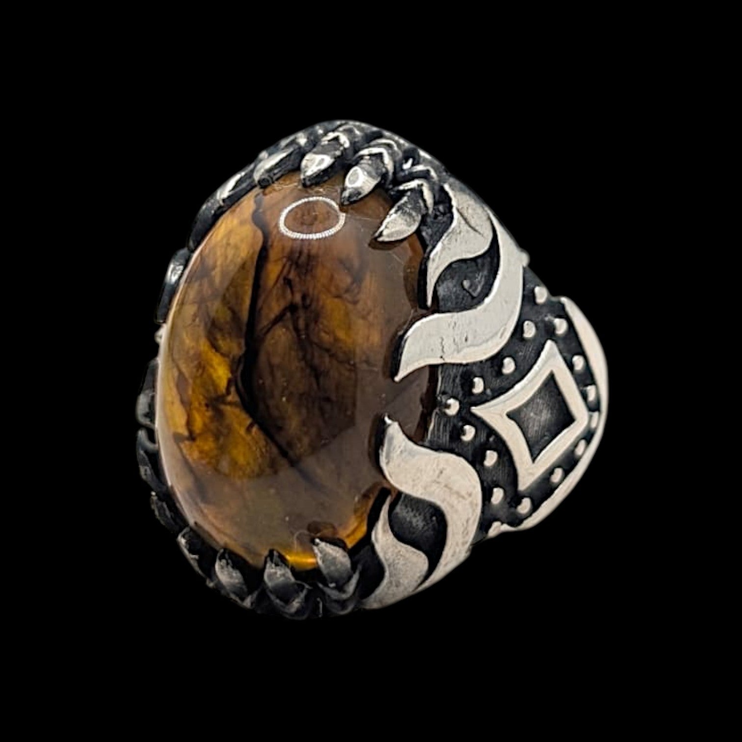 Chevalière Homme Argent 925 Ambre Jaune Naturel Sertissage Griffes Sculpté-Vindicta : Bijoux Argent 925 Massif, Luxe et Héritage