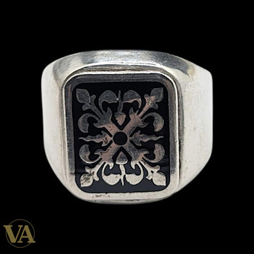 Chevalière Homme Argent 925 Onyx Noir Motif Héraldique