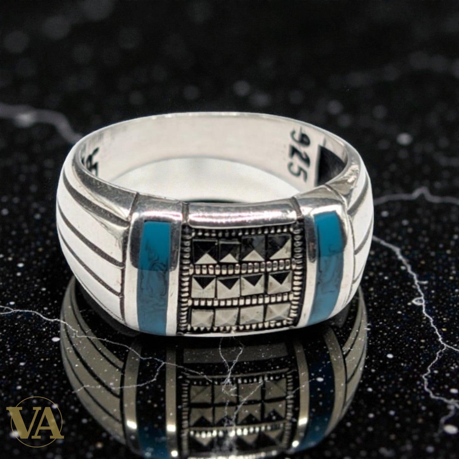 Bague Homme Argent 925 Turquoise & Marcassites – Pavé Géométrique Art Déco
