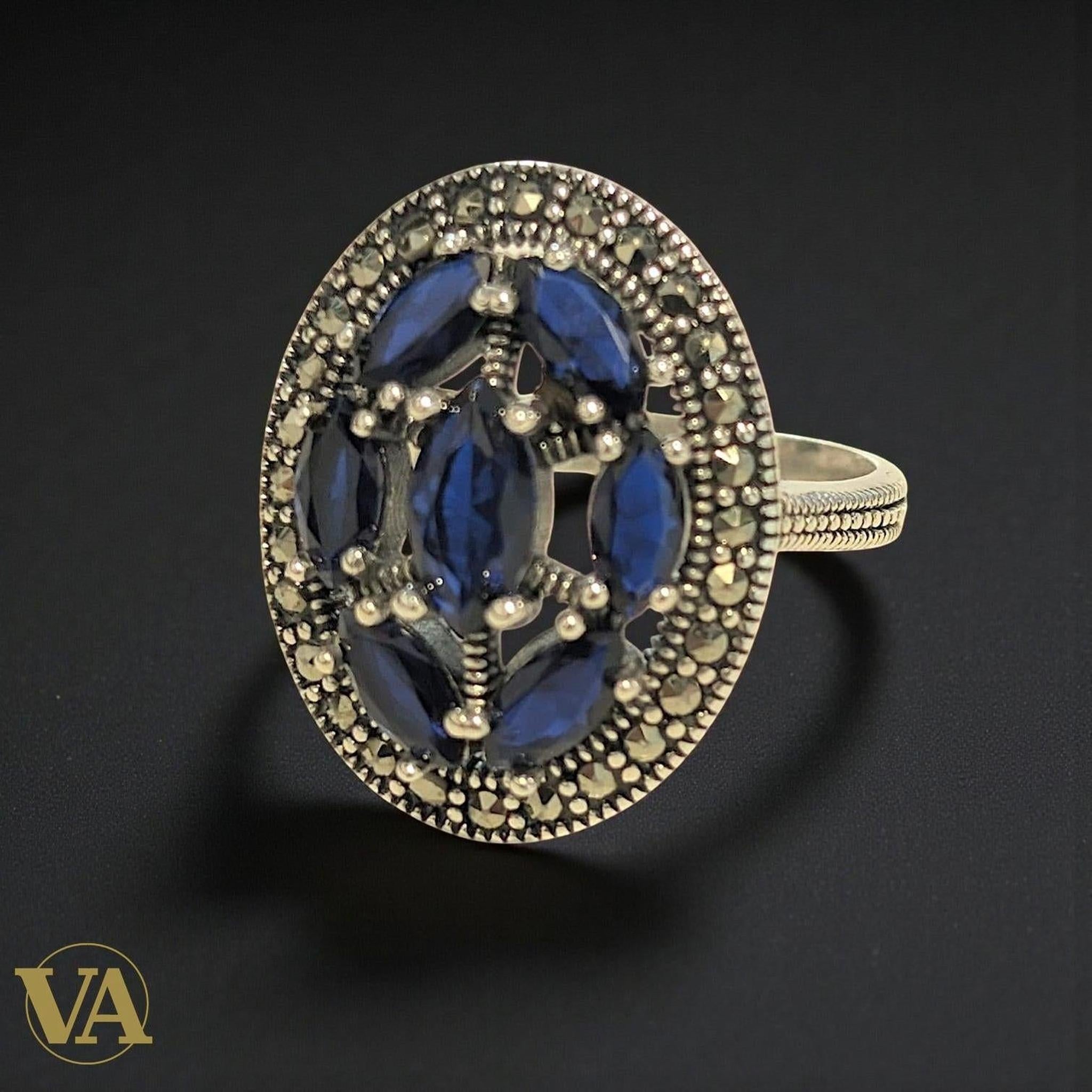 Bague femme Argent 925 Bleu Saphir & Marcassites – Ovale Vintage - Argent 925 - Vindicta