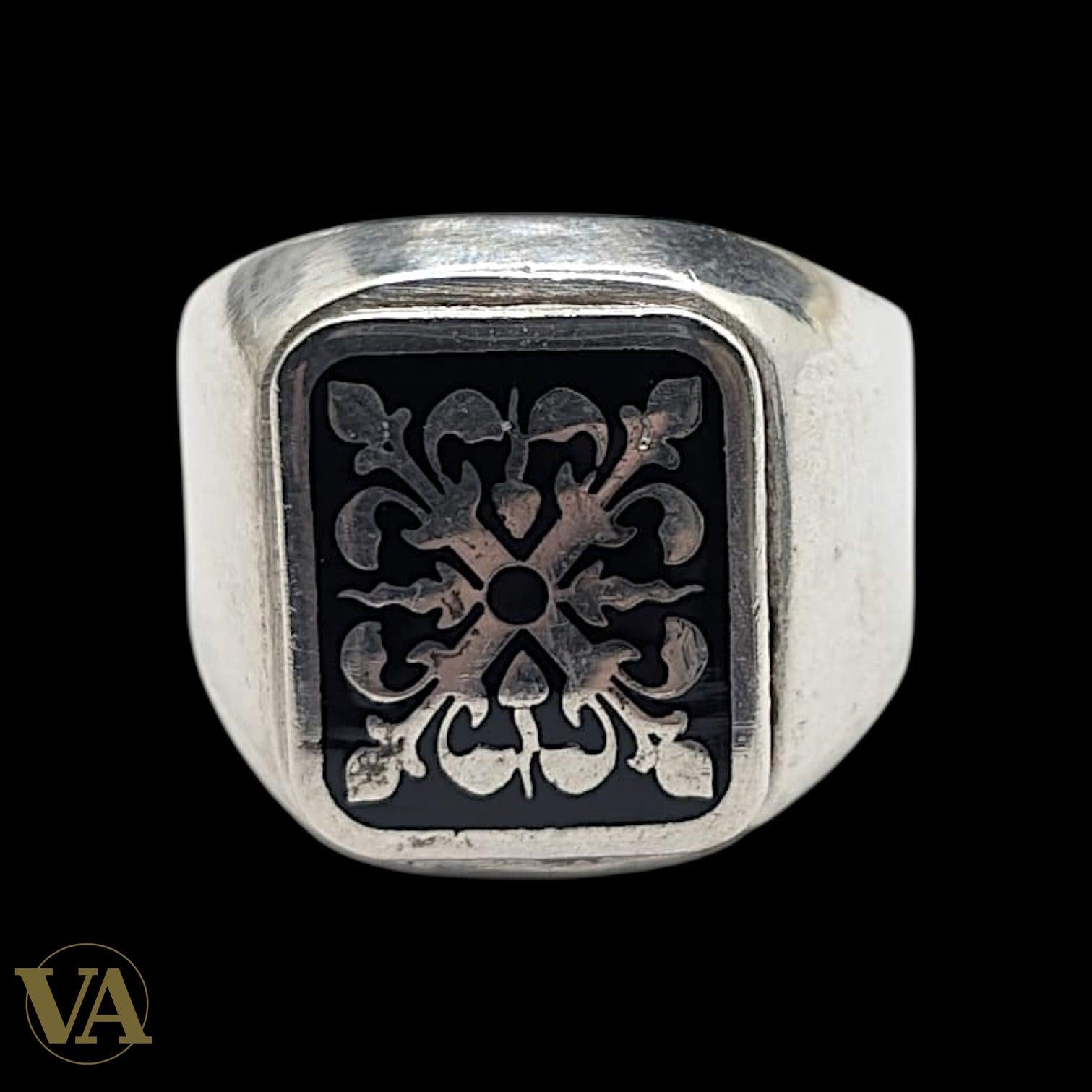 Chevalière Homme Argent 925 Onyx Noir Motif Héraldique-Vindicta : Bijoux Argent 925 Massif, Luxe et Héritage