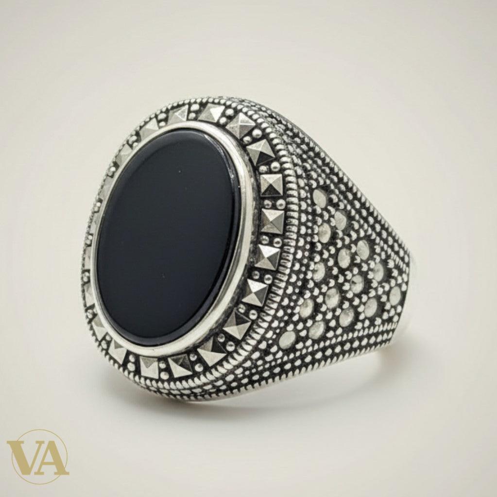 Chevalière Homme Argent 925 Onyx Noir Marcassite Dôme