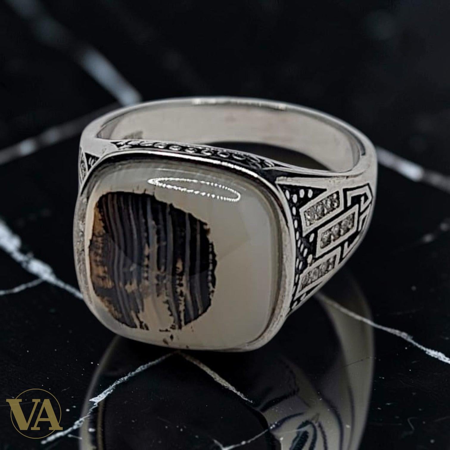 Chevalière Homme Argent 925 & Agate Bicolore – Motif Géométrique Art Déco & Zircons