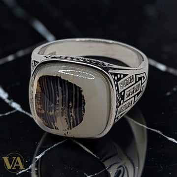 Chevalière Homme Argent 925 & Agate Bicolore – Motif Géométrique Art Déco & Zircons