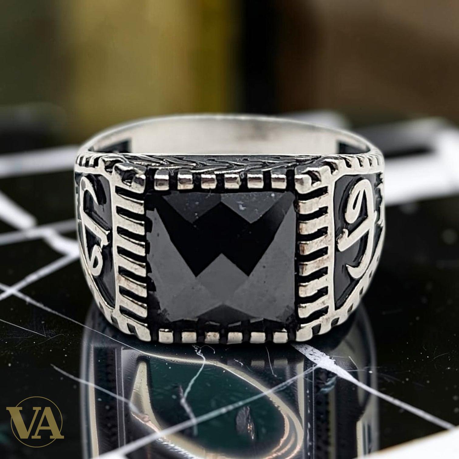 Chevalière Homme Argent 925 Onyx Noir Calligraphie Arabe Arabesques Ottoman-Vindicta : Bijoux Argent 925 Massif, Luxe et Héritage