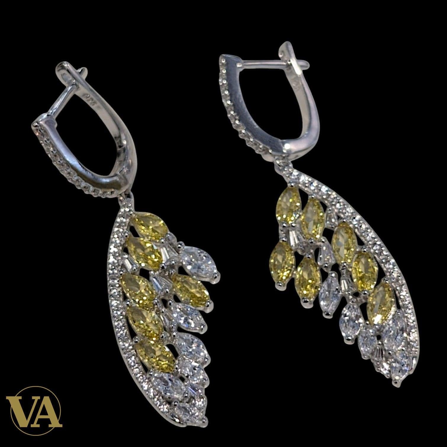 Boucles d’oreilles femme argent 925 citrine et oxydes – Motif feuille élégant