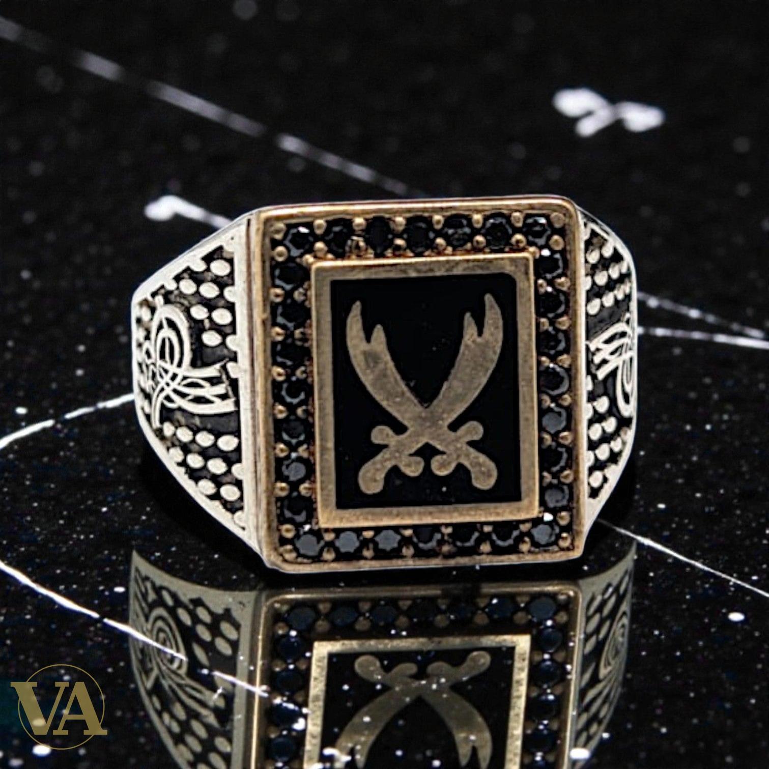 Bague homme argent 925 – Sabres Croisés & Onyx Noir | Bijoux Vindicta