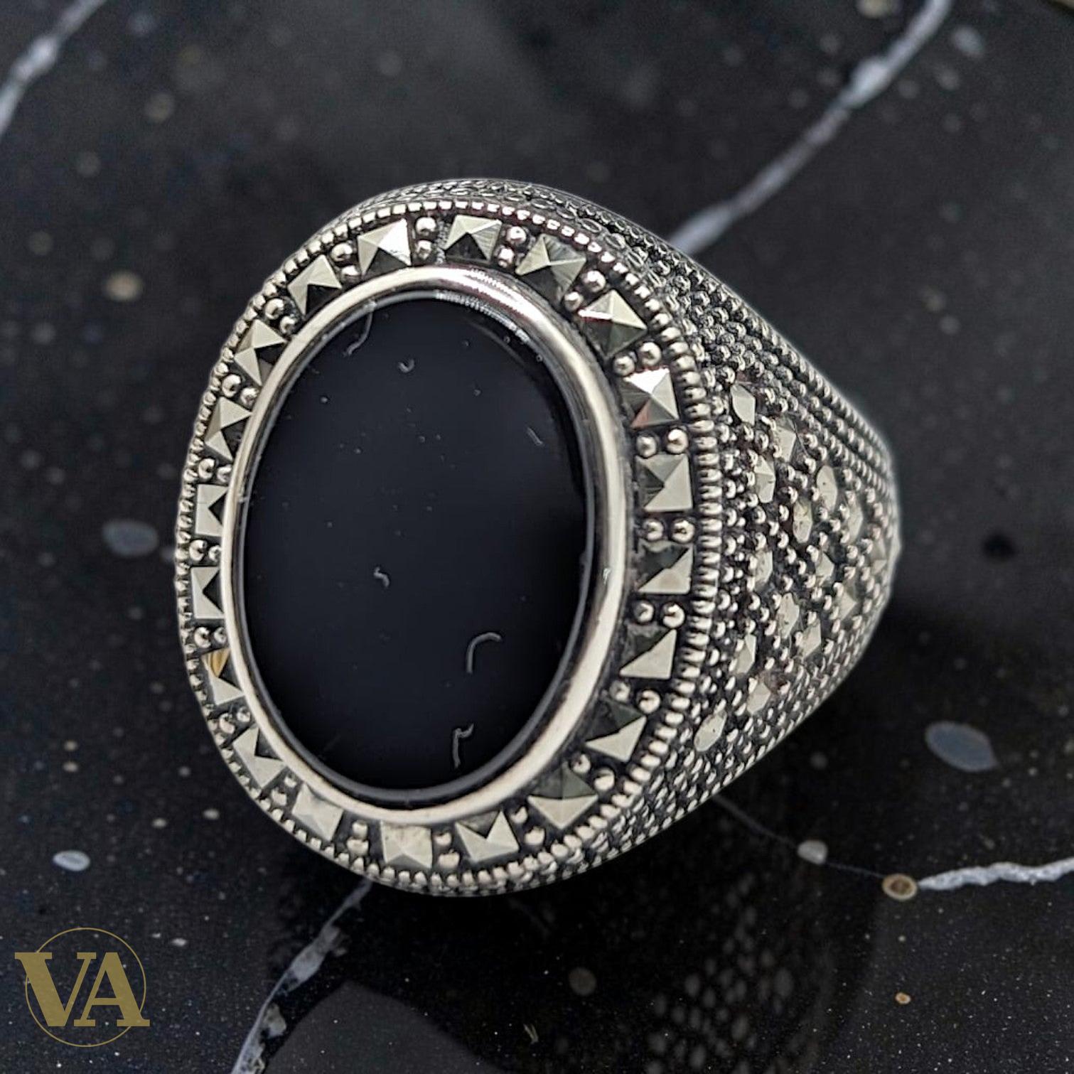 Chevalière Homme Argent 925 Onyx Noir Marcassite Dôme
