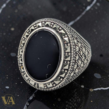 Chevalière Homme Argent 925 Onyx Noir Marcassite Dôme